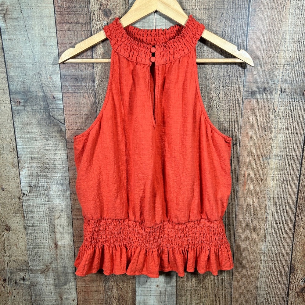 INC Burnt Orange Gauze Smocked Peplum Halter Top XL Boho Cotton